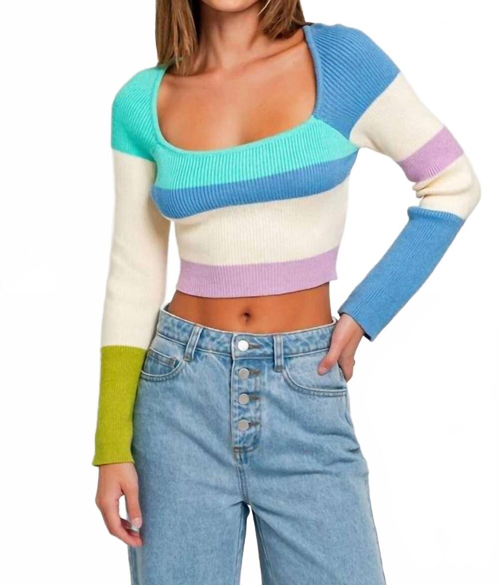 NEW LE LIS long sleeve colorblock knit top in aqua